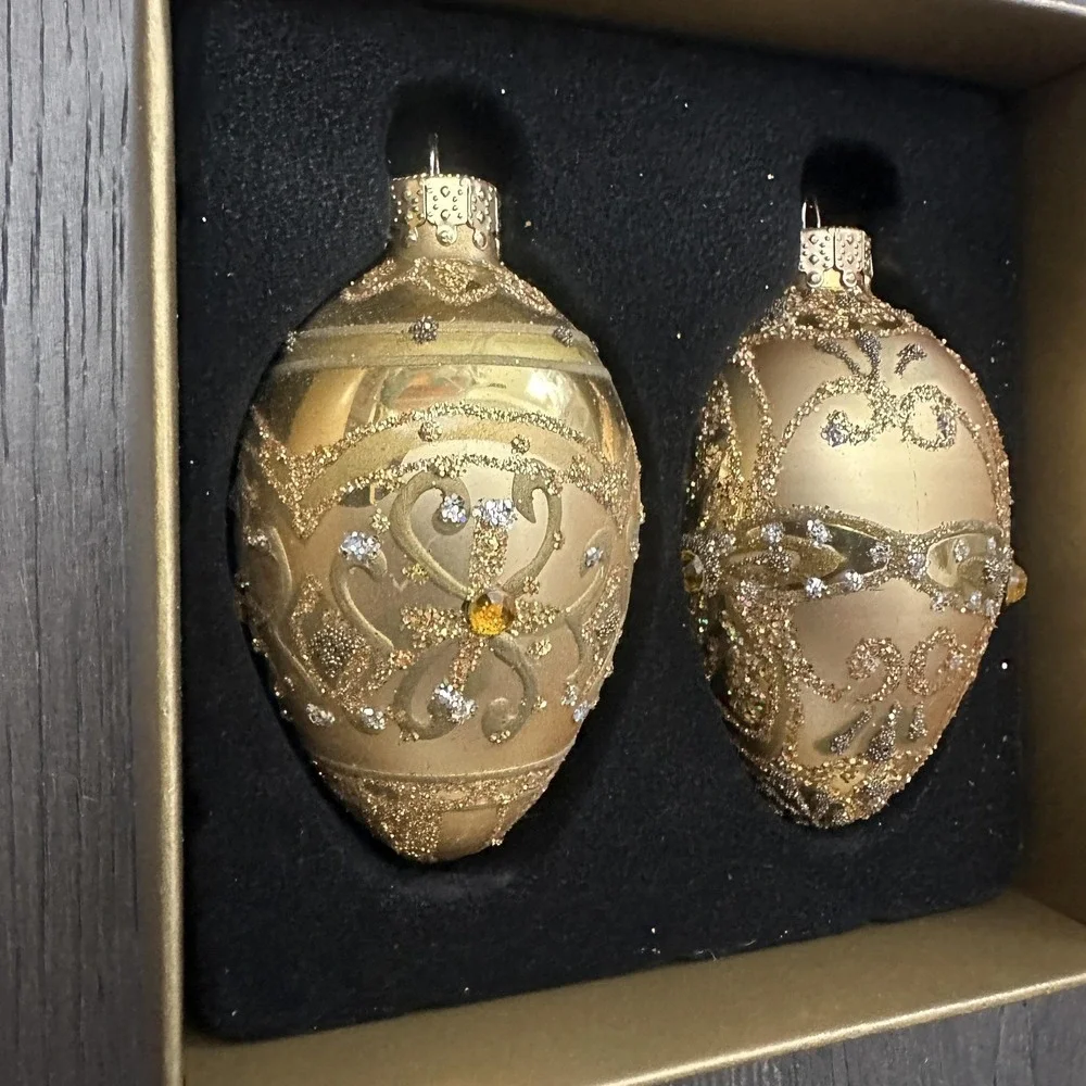 VTG Celebrate It Set Of‎ 2 Small Gold Glass Egg Bauble Ornaments Christmas Decor